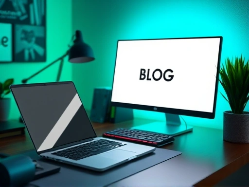 깔끔하게 정리된 책상 위에 놓인 노트북과 펜, 그리고 블로그 글 작성 중인 화면이 초록색과 파란색 톤의 차분한 조명 아래서 보여주는 편안하고 생산적인 분위기