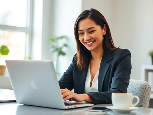 밝은 사무실 환경에서 노트북 앞에 앉아 링크드인 피드를 스크롤하며 블로그 포스트를 읽는 전문적인 모습