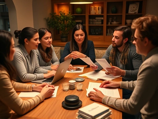 여러 사람이 모여 앉아 노트북과 종이를 보며 활발하게 대화하는 그룹 멘토링 세션.