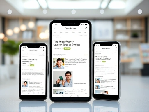 다양한 모바일 기기 화면을 배경으로 블로그 콘텐츠가 완벽하게 반응형으로 표시되는 장면