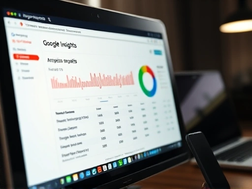 컴퓨터 화면에 Google PageSpeed Insights 분석 결과가 표시되고, 그 옆에 노트북과 스마트폰이 놓여 있는 클로즈업 장면