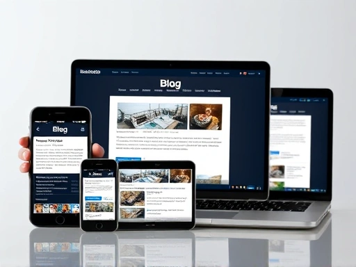 다양한 기기(스마트폰, 태블릿, 노트북)의 화면이 동시에 블로그 웹페이지를 보여주는 모습