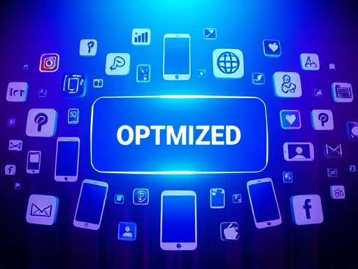 다양한 모바일 기기 아이콘들이 광고 배너를 감싸고 있는 이미지