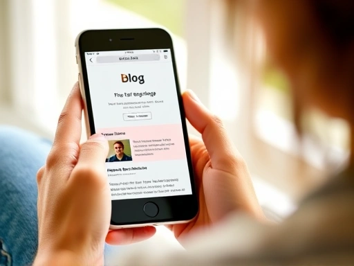손에 스마트폰을 들고 블로그 콘텐츠를 탐색하는 사람의 클로즈업.