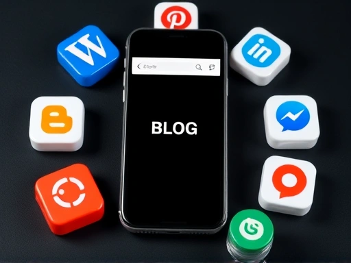 다양한 블로그 플랫폼 아이콘이 모바일 기기 주변에 배치된 모습