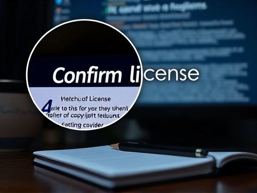 확대된 화면에서 '라이선스 확인'이라는 문구가 강조된 컴퓨터 모니터와 그 옆에 놓인 연필, 노트가 클로즈업되어 있습니다.