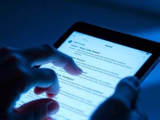 클로즈업 샷으로, 한 손이 문의 이메일 목록이 보이는 태블릿 화면을 넘기고 있다.