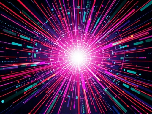 다채로운 색상의 폭발적인 시각적 효과와 함께, 디지털 세상에서 수많은 아이디어가 확산되는 모습