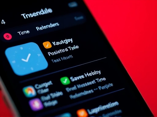 시간 관리 앱 인터페이스 클로즈업, 중요한 일정과 알림 강조, 밝고 활기찬 색상으로 생산적인 분위기