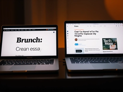 두 개의 노트북 화면이 나란히 놓여 있고, 한 화면에는 브런치(Brunch) 로고와 깔끔한 한국어 에세이 페이지가, 다른 화면에는 미디엄(Medium) 로고와 다양한 언어의 기술 블로그 글이 보입니다.