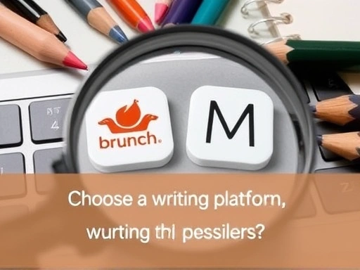 돋보기가 놓인 키보드 위에 브런치와 미디엄 앱 아이콘이 클로즈업되어 있습니다.