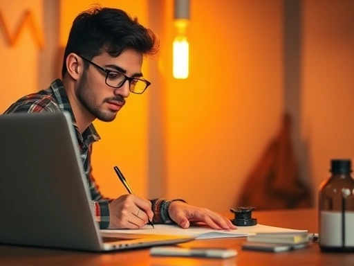 창의적인 아이디어가 떠오르는 전구를 배경으로, 노트북 앞에서 아이디어 스케치를 하고 있는 블로거의 모습
