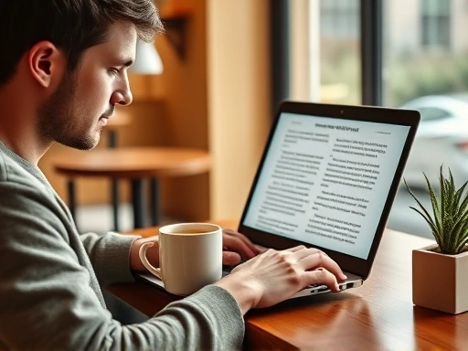 아늑한 카페에서 젊은 남성이 노트북으로 블로그 글을 작성하고 있다.