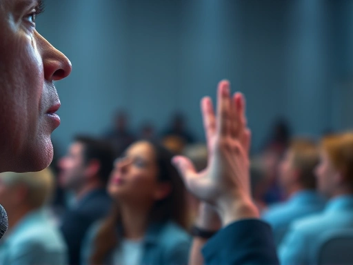 연설하는 사람의 입에서 퍼져나가는 파동이 청중에게 도달하여 고개를 끄덕이게 하는 모습