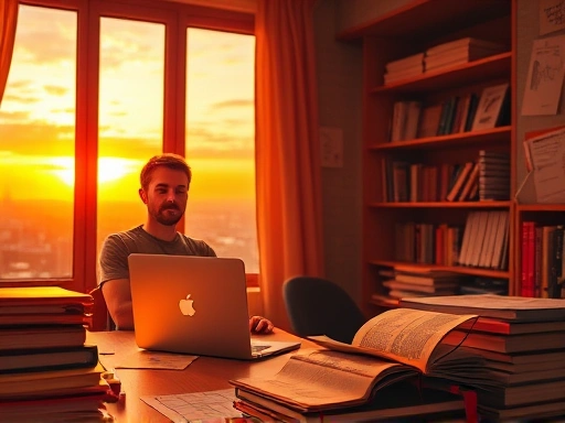 노트북 앞에서 생각에 잠긴 작가, 주변에 펼쳐진 아이디어 스케치와 참고 서적들.