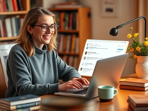 한 블로거가 노트북 앞에서 밝게 웃으며 댓글창에 활발한 소통이 오가는 모습