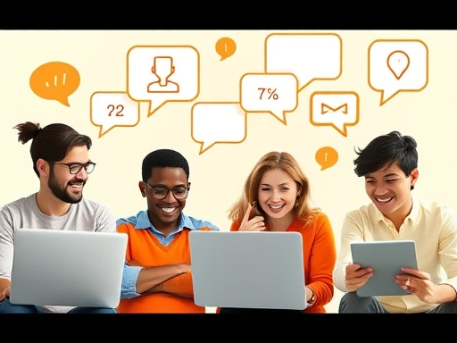 다양한 연령과 배경을 가진 사람들이 노트북과 스마트폰을 들고 활기찬 온라인 토론에 참여하는 모습