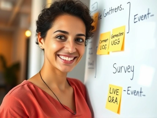 콘텐츠 기획자가 화이트보드 앞에 서서 여러 가지 아이디어를 정리하는 클로즈업 샷.