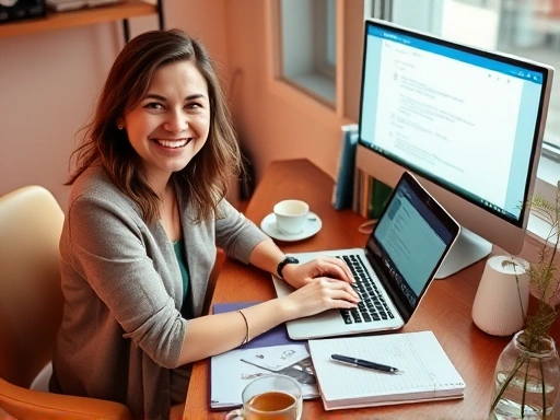 따뜻한 색감의 조명 아래 책상에 앉아 노트북으로 블로그 글을 작성하고 있는 블로거의 모습