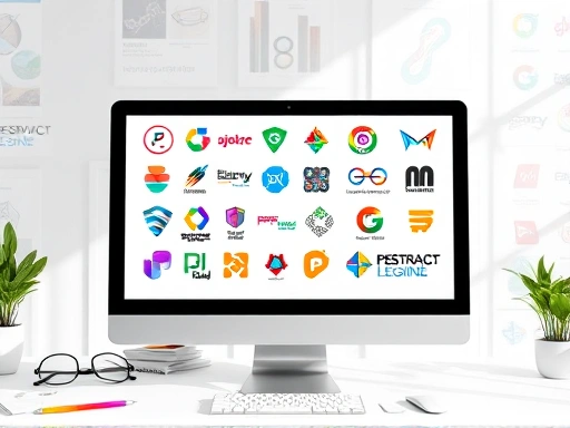 다채로운 색상의 추상적인 로고 디자인 스케치들이 컴퓨터 화면에 펼쳐져 있는 모습