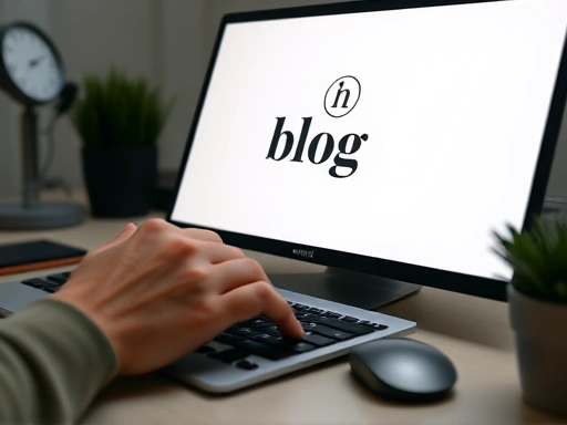 작업 중인 디자이너의 손이 키보드와 마우스를 조작하며, 화면에는 간결하고 세련된 블로그 로고가 확대되어 보인다.