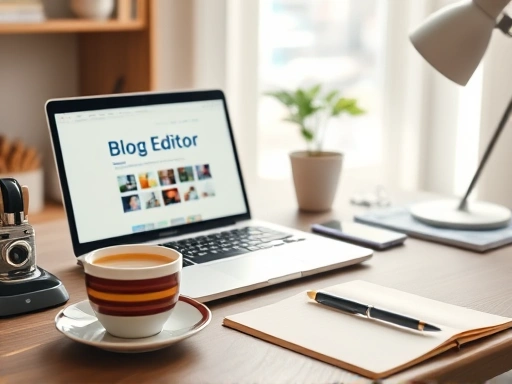 아늑하고 잘 정돈된 사무실 책상 위에서 블로그 글 작성을 마친 듯한 모습
