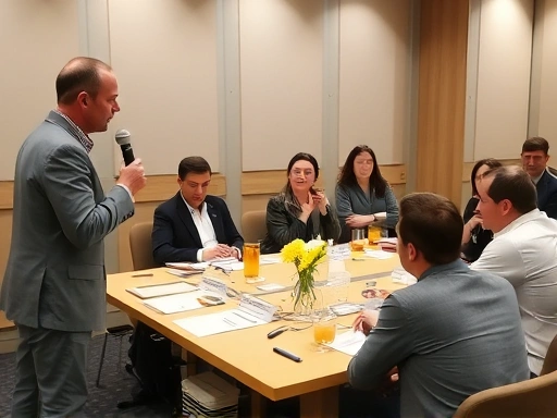 모임 진행자가 마이크를 잡고 발표하며 참가자들이 집중하여 듣는 모습