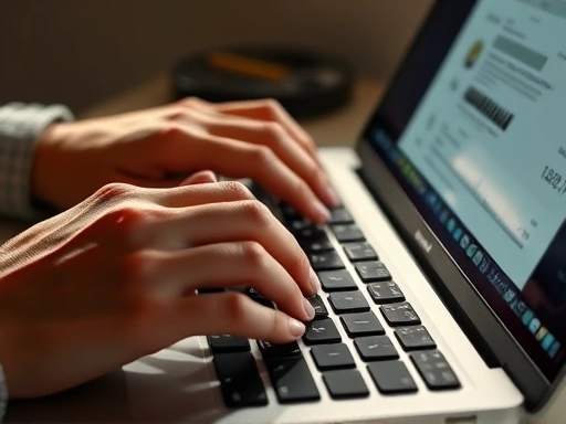 두 손이 노트북 키보드 위에서 분주하게 움직이며 분석 작업을 하는 클로즈업 샷.