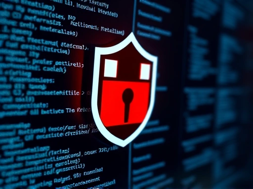 컴퓨터 화면 속에서 복잡한 코드와 함께 방화벽 아이콘이 클로즈업되어 보이는 모습