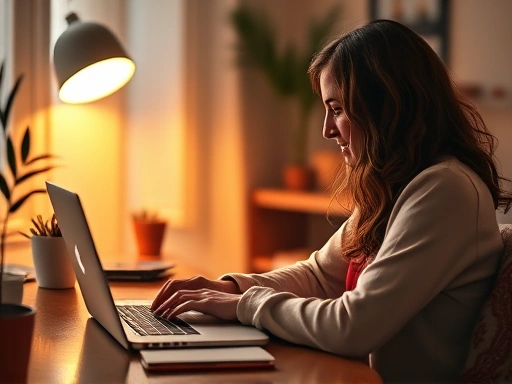 블로거가 노트북 앞에서 블로그 글을 작성하며 개인 브랜드 구축 전략을 구상하는 장면