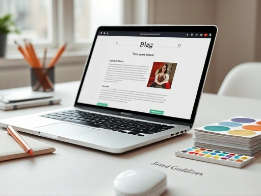 블로그 콘텐츠가 펼쳐진 노트북 화면과 함께, 연필, 노트, 색상 차트 등 브랜딩 작업을 상징하는 도구들이 책상에 정돈된 클로즈업 샷.