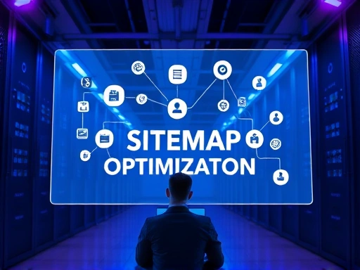 넓은 데이터 센터 내부를 배경으로, 투명한 스크린에 사이트맵 구조와 검색엔진 아이콘들이 떠다니는 모습