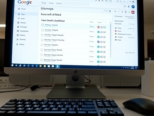 컴퓨터 모니터 화면에 구글 서치 콘솔과 네이버 웹마스터 도구의 사이트맵 제출 화면이 열려 있는 클로즈업 이미지