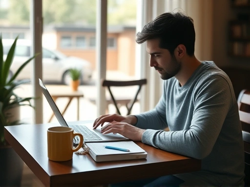 따뜻한 햇살이 비치는 아늑한 카페에서 한 사람이 노트북을 열고 진지하게 블로그 전략을 구상하는 모습