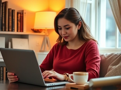 따뜻한 조명 아래 아늑한 서재에서 한 여성이 노트북으로 블로그 글을 작성하며 몰입하는 모습
