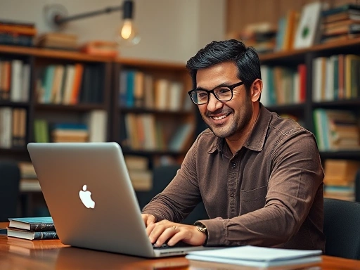 밝은 조명 아래 노트북 앞에서 블로그 글을 작성하며 강의 콘텐츠를 기획하는 열정적인 강사의 모습