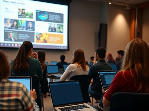 대형 스크린에 강의 슬라이드가 보이고, 그 앞에 앉은 수강생들이 노트북으로 블로그를 보며 필기하는 클로즈업 장면