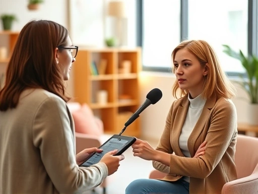 전문적인 블로거가 태블릿과 마이크를 앞에 두고 인터뷰이를 마주하고 있는 모습