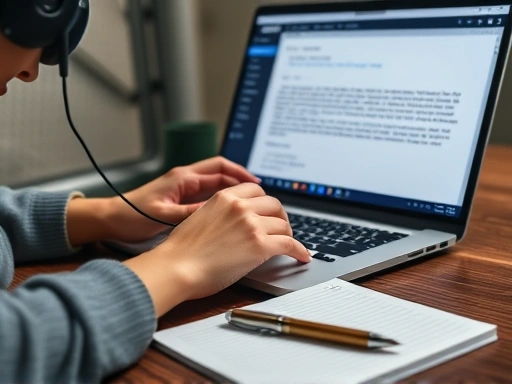 인터뷰 후, 블로거가 노트북 앞에서 헤드폰을 착용한 채 녹취록을 정리하고 있는 손 클로즈업.