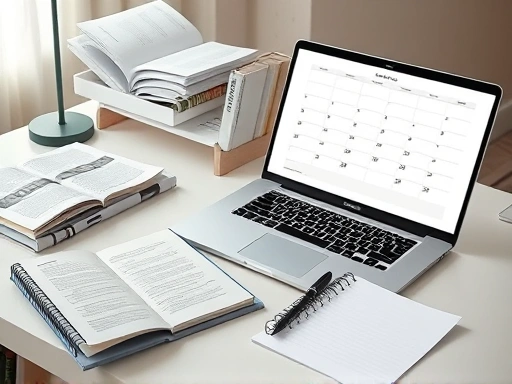 정돈된 책상 위, 다양한 블로그 관련 서적과 노트북이 열려 있고, 옆에는 깔끔하게 정리된 스케줄러와 펜이 놓여 있다.