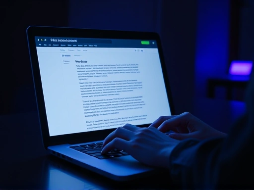 어두운 배경에 밝은 빛으로 강조된 노트북 화면과 손가락이 키보드를 타이핑하는 모습