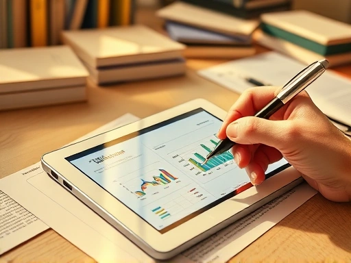 여러 개의 책과 자료가 펼쳐진 책상 위에 놓인 태블릿 PC와 펜.