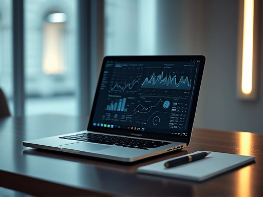 책상 위에 놓인 노트북 화면에 복잡한 그래프와 데이터가 펼쳐져 있고, 그 옆에는 펜과 노트가 놓여 있다.