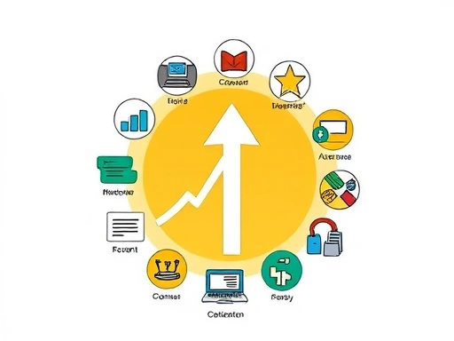 다양한 종류의 블로그 콘텐츠와 수익 모델을 상징하는 아이콘들이 원형으로 배치되어 있고, 중앙에는 성장하는 화살표가 역동적으로 솟아 있다.