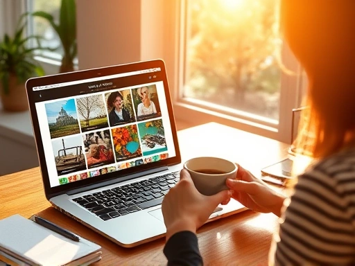 따뜻한 햇살이 비치는 책상 위, 노트북 화면에는 계절별 테마와 관련된 다채로운 이미지