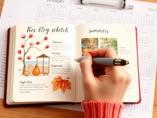 다양한 계절의 상징적 오브제(벚꽃, 여름 해변, 단풍잎, 눈꽃 등)가 그려진 아이디어 스케치북이 펼쳐져 있고, 그 옆에는 꼼꼼하게 정리된 블로그 발행 캘린더가 놓여 있다.