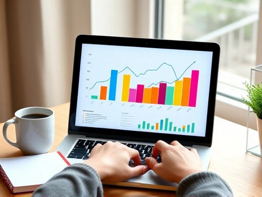 다채로운 색상의 깔끔하고 현대적인 바 그래프와 라인 그래프가 노트북 화면에 시각적으로 매력적으로 표시된 이미지