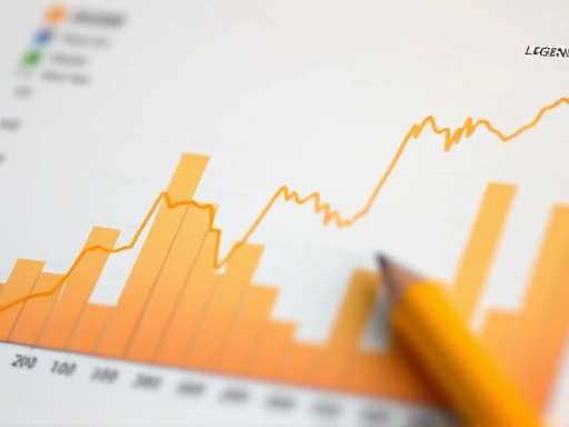 확대된 시점에서, 차트의 데이터 레이블과 범례가 선명하게 클로즈업되어 있으며, 작은 연필이 중요한 데이터 포인트를 가리키고 있다.