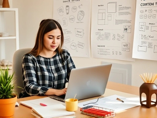 깔끔한 작업 공간에서 노트북을 펼치고 앉아 차분하게 블로그 콘텐츠 기획에 집중하는 젊은 여성의 모습