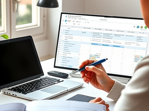 깔끔한 작업 공간에서 노트북과 함께 열려 있는 구글 스프레드시트 화면, 블로그 콘텐츠 달력이 체계적으로 정리되어 있고, 한 손에 펜을 든 사람이 화면을 응시하며 계획을 세우는 모습